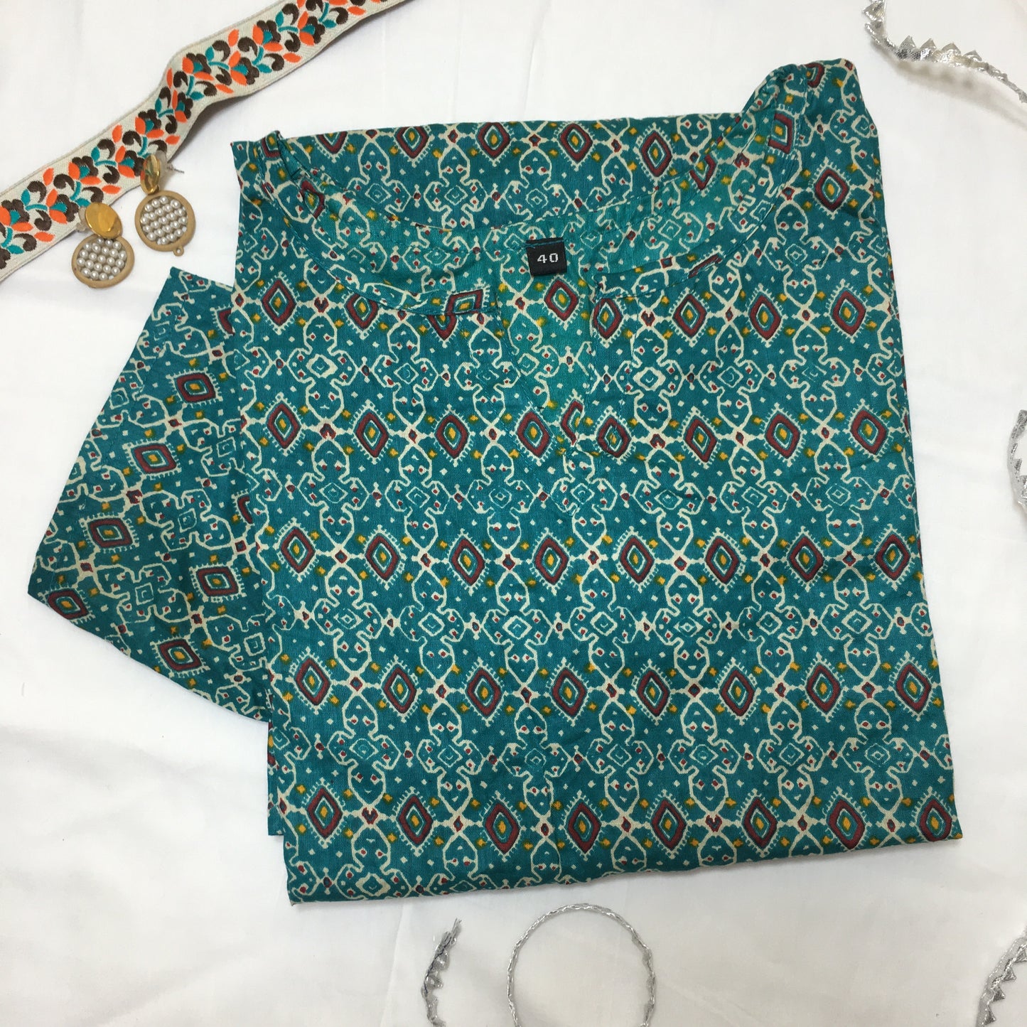 Pure Cotton - Short Kurti - Kalamkari Ajrakh - Firozi