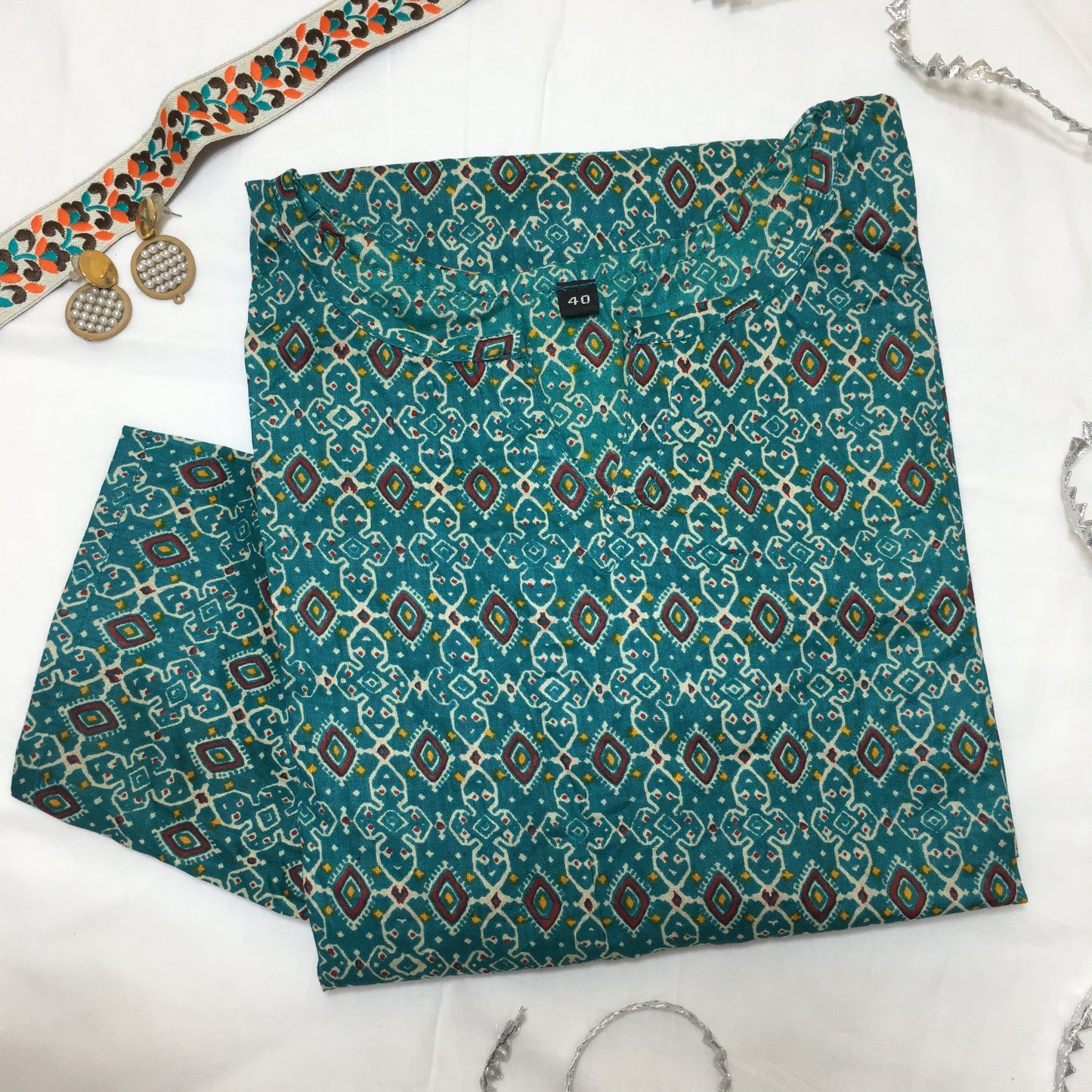 Pure Cotton - Short Kurti - Kalamkari Ajrakh - Firozi