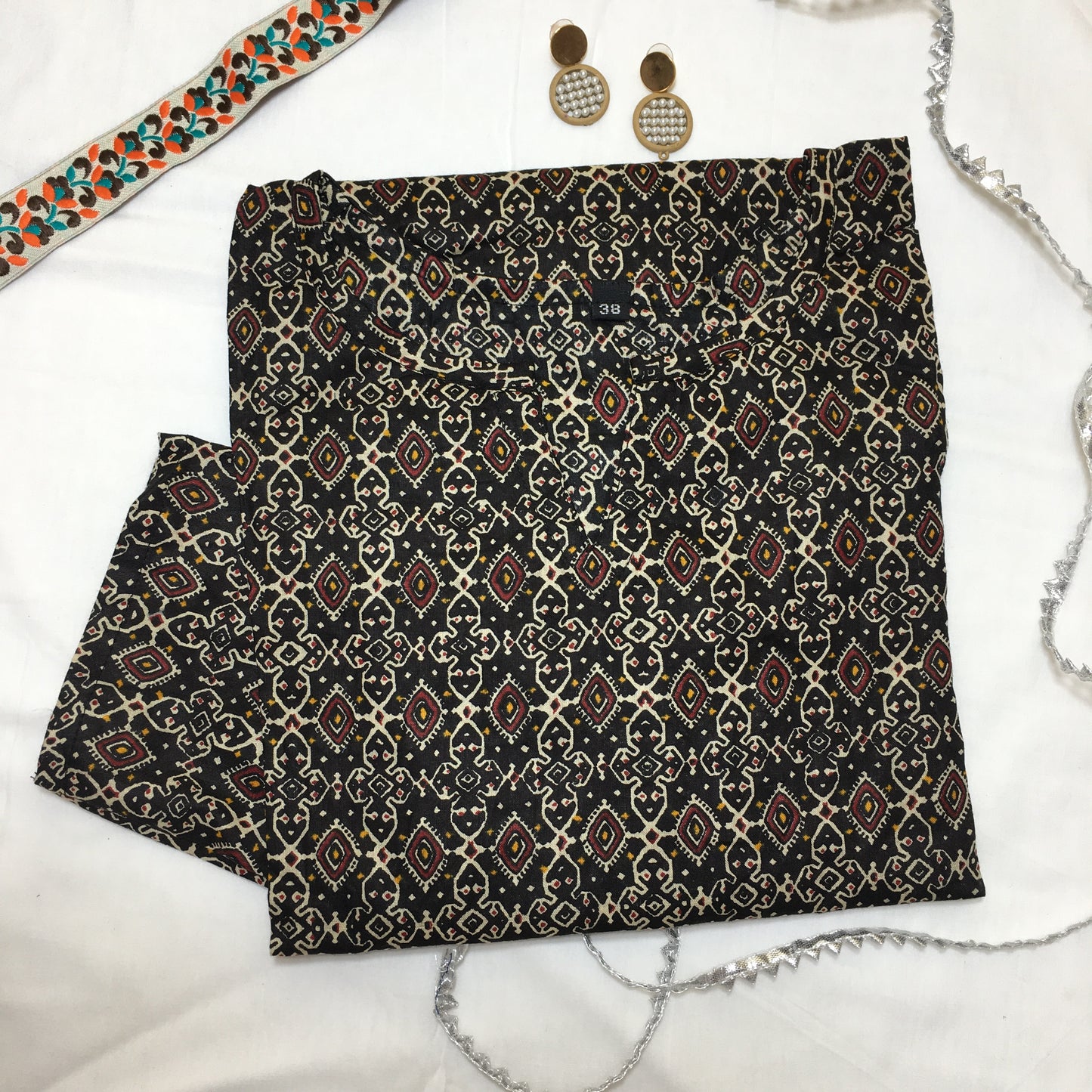 Pure Cotton - Short Kurti - Kalamkari Ajrakh - Black