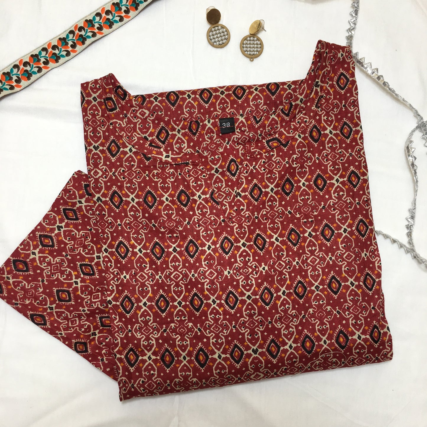 Pure Cotton - Short Kurti - Kalamkari Ajrakh - Red