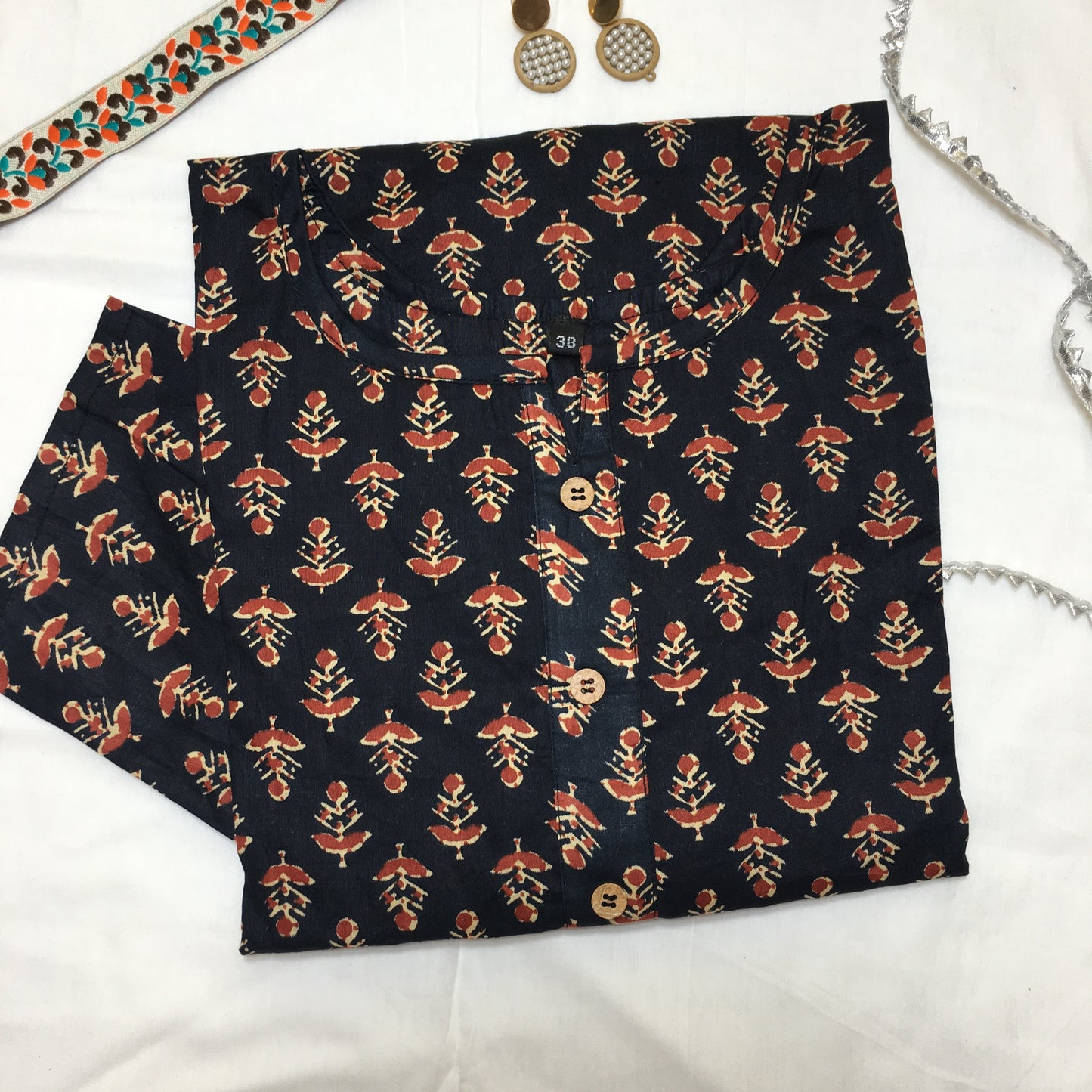 Pure Cotton - Short Kurti - Trees Print - Black