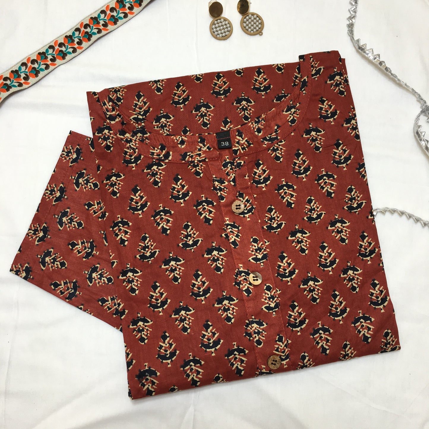 Pure Cotton - Short Kurti - Trees Print - Maroon
