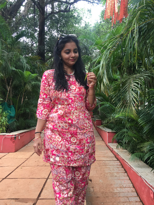 Cord Set - Red Pink Flower - Soft Rayon