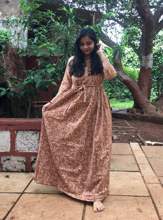 Rose Print - Brown - Maternity Kurti with Feeding Zips - Cotton Flex - Thicker Fabric