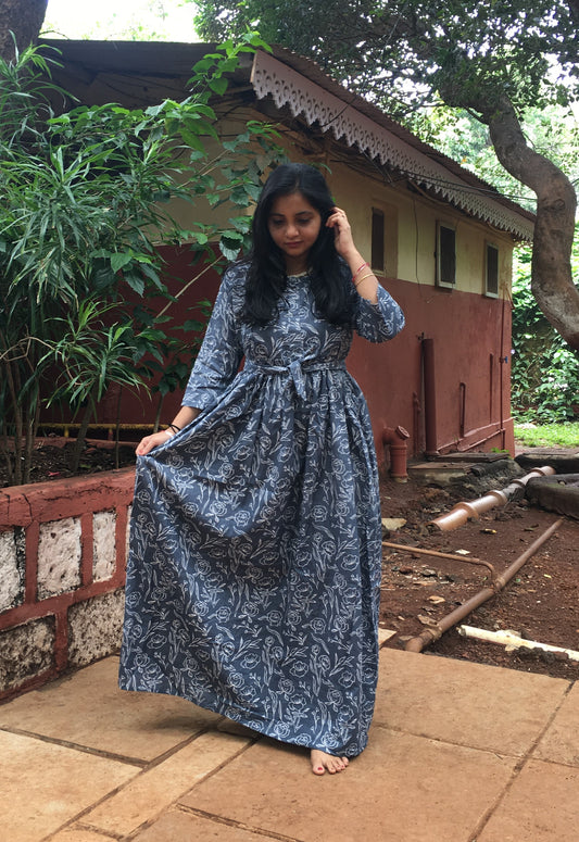 Rose Print - Grey - Maternity Kurti with Feeding Zips - Cotton Flex - Thicker Fabric