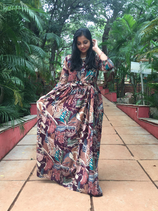 Multi Flower - Purple Brown - Maternity Kurti with Feeding Zips - Soft Rayon