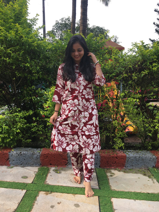 Knee Length- Hibiscus Maroon - Cord Sets - Pure Cotton