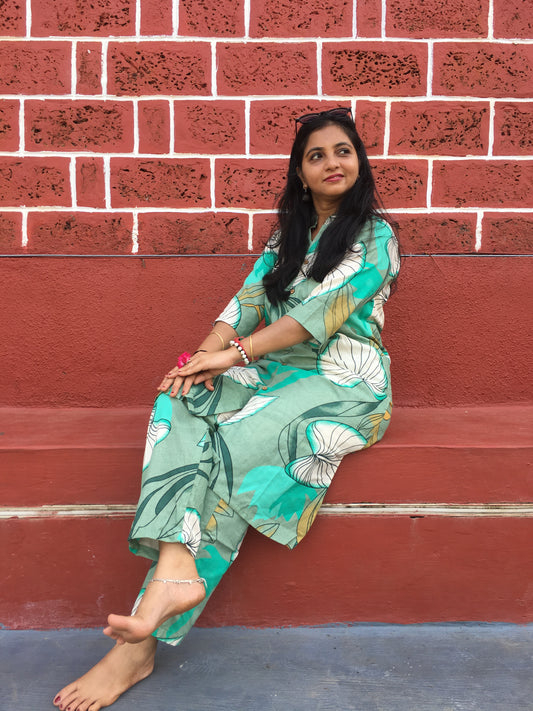 Knee Length- Lotus Sea Green - Cord Sets - Pure Cotton