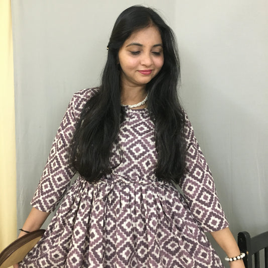 Purple Cream Square - Maternity Kurti with Feeding Zips - Cotton Flex - Thicker Fabric
