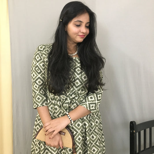Green Cream Square - Maternity Kurti with Feeding Zips - Cotton Flex - Thicker Fabric