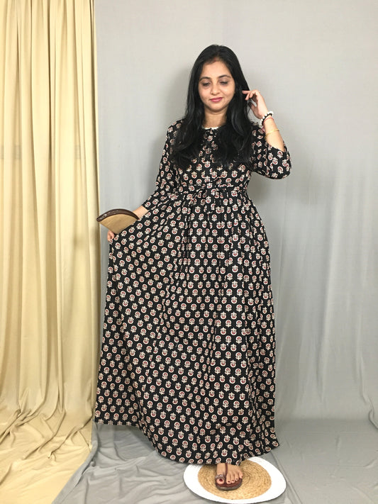Ajrakh Sunflower Black - Maternity Kurti with Feeding Zips - Cotton Flex - Thicker Fabric