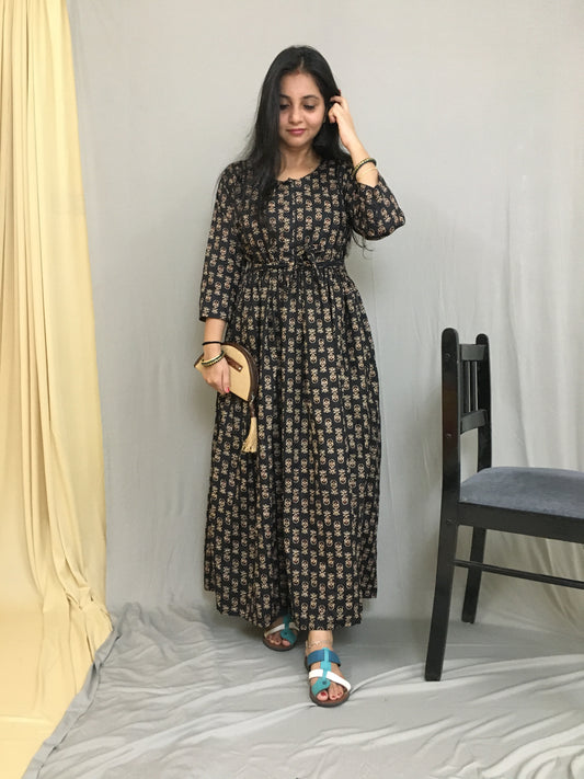 Ajrakh Black Cream Print - Maternity Kurti with Feeding Zips - Cotton Flex - Thicker Fabric