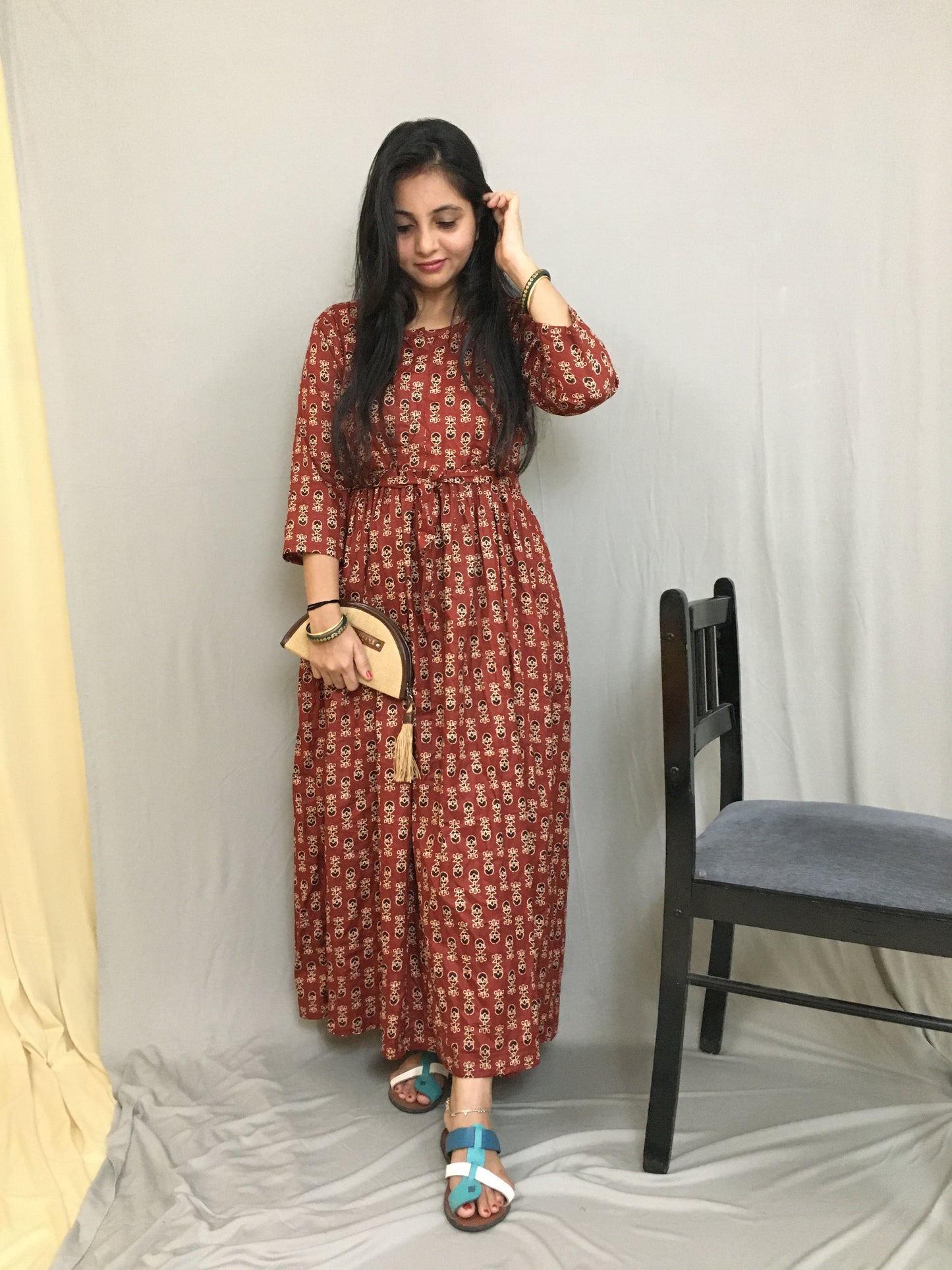 Ajrakh Maroon Print - Maternity Kurti with Feeding Zips