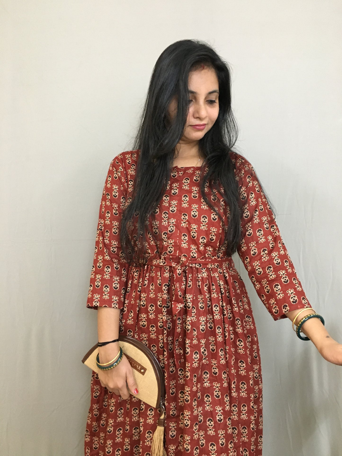 Ajrakh Maroon Print - Maternity Kurti with Feeding Zips