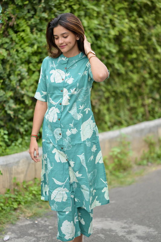 Knee Length - Sea Blue Flower - Cord Sets - Pure Cotton