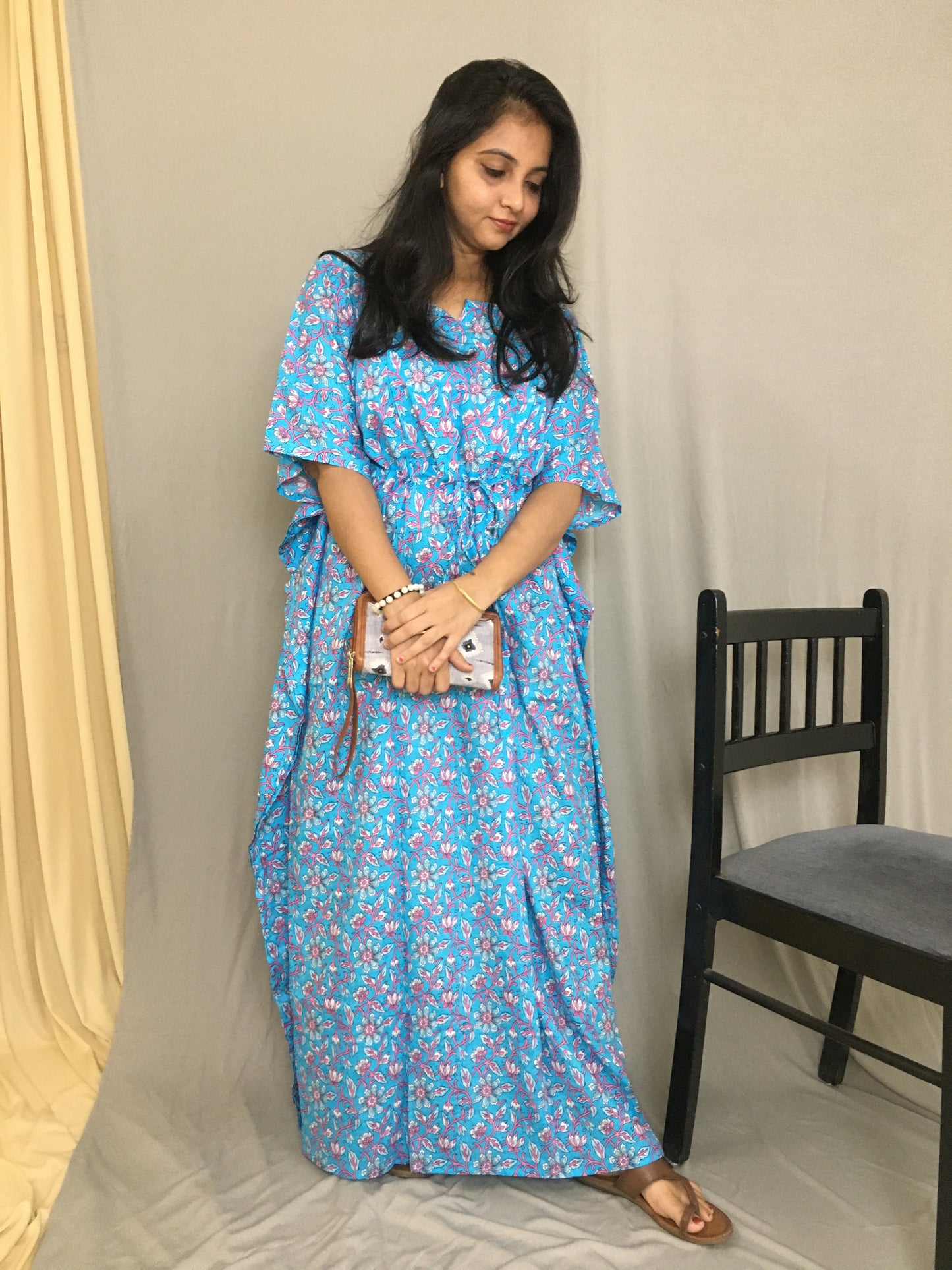 Kaftan - Firozi Multi Flower Print - Maternity / Feeding Zips - Soft Cotton Kaftan - Free Size
