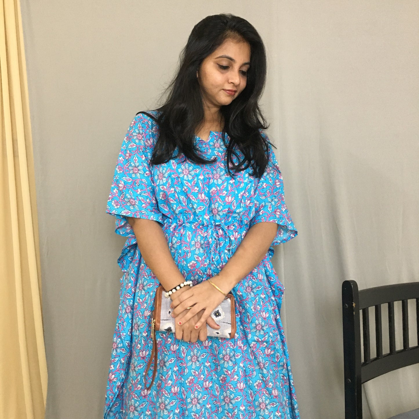 Kaftan - Firozi Multi Flower Print - Maternity / Feeding Zips - Soft Cotton Kaftan - Free Size