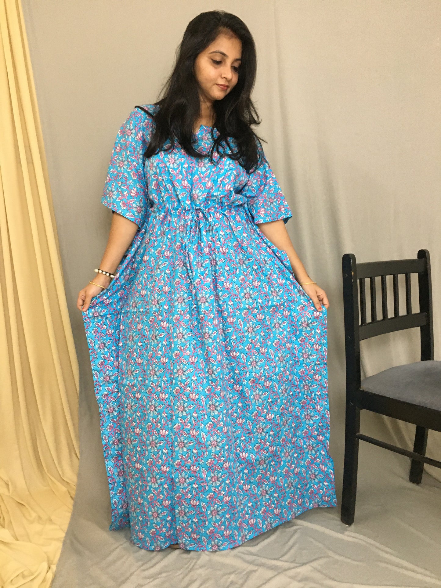 Kaftan - Firozi Multi Flower Print - Maternity / Feeding Zips - Soft Cotton Kaftan - Free Size