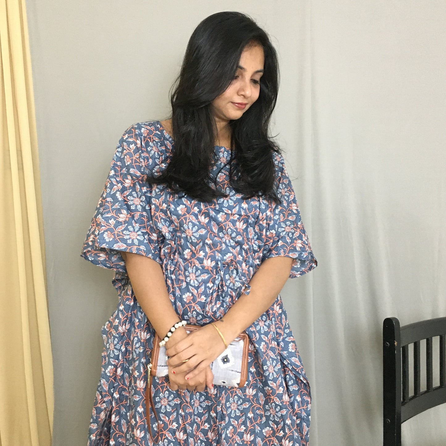 Kaftan - Grey Multi Flower Print - Maternity / Feeding Zips - Soft Cotton Kaftan - Free Size