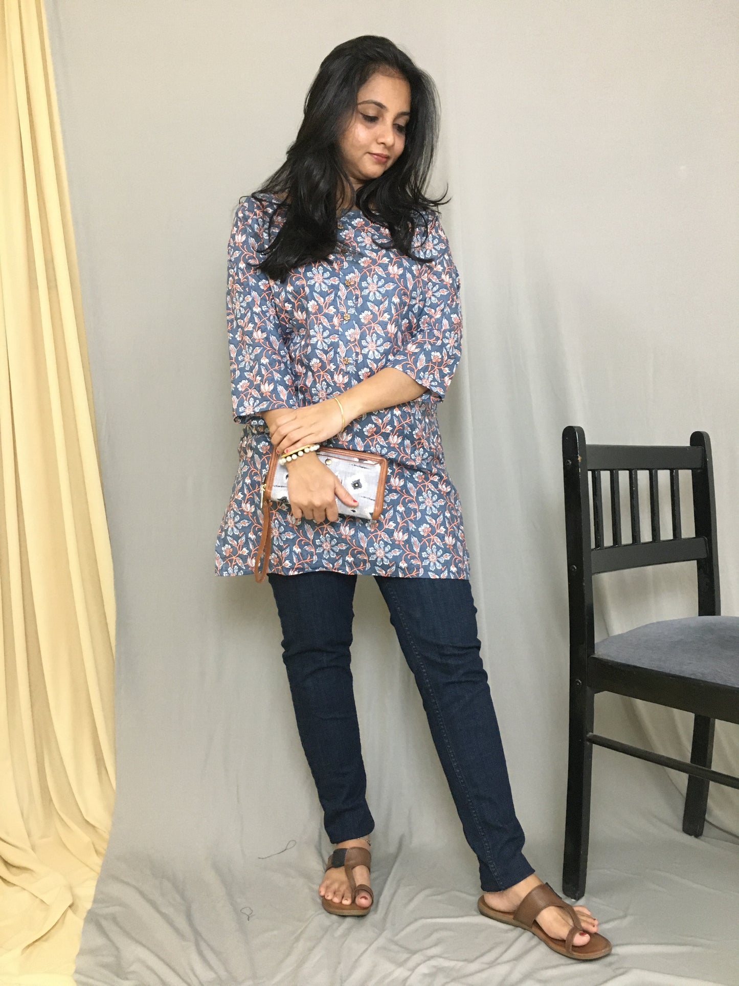 Grey - Multi Flower Print - Pure Cotton - Short Kurti