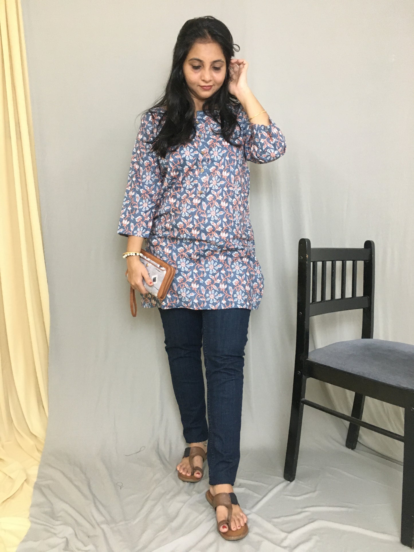 Grey - Multi Flower Print - Pure Cotton - Short Kurti