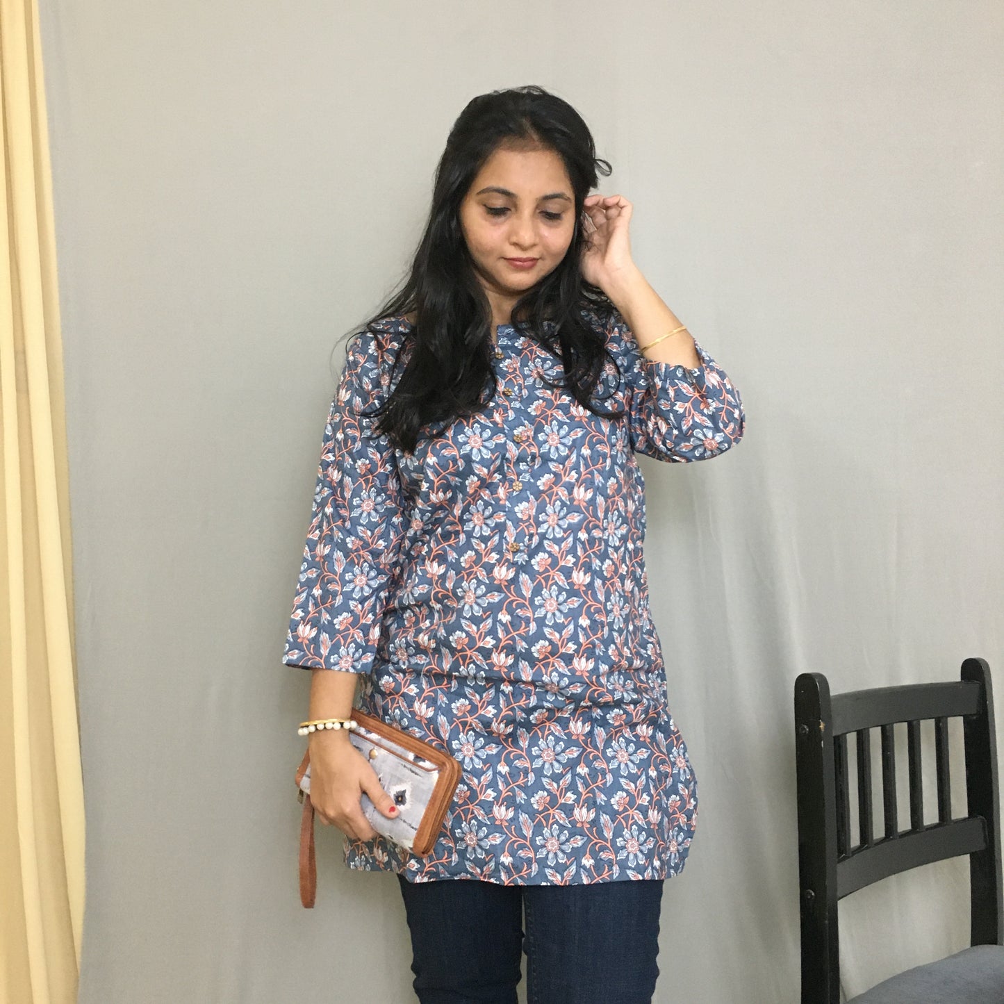 Grey - Multi Flower Print - Pure Cotton - Short Kurti