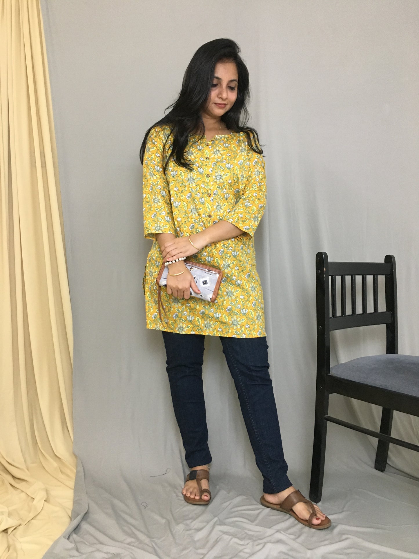 Yellow- Multi Flower Print - Pure Cotton - Short Kurti