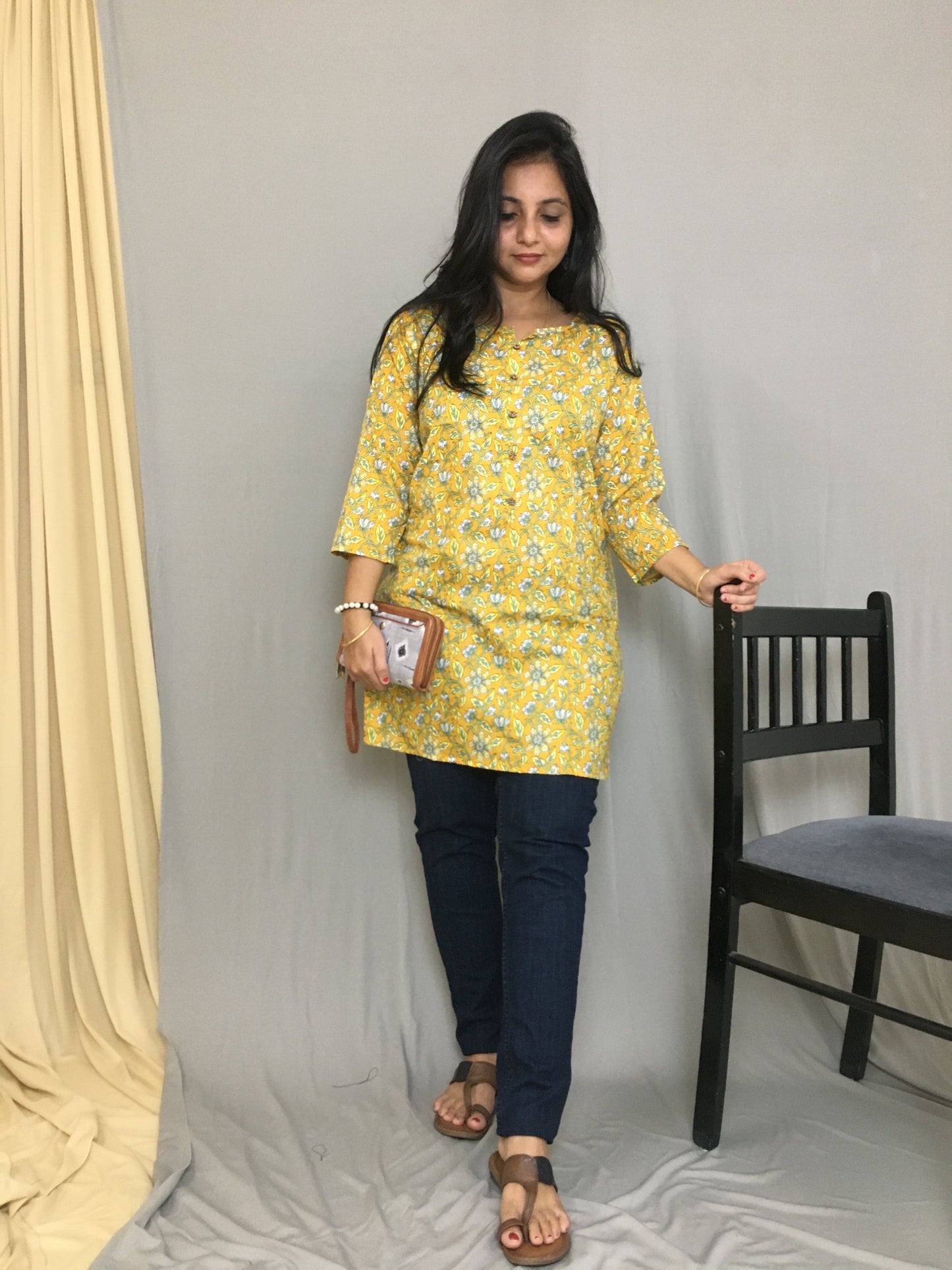 Yellow- Multi Flower Print - Pure Cotton - Short Kurti