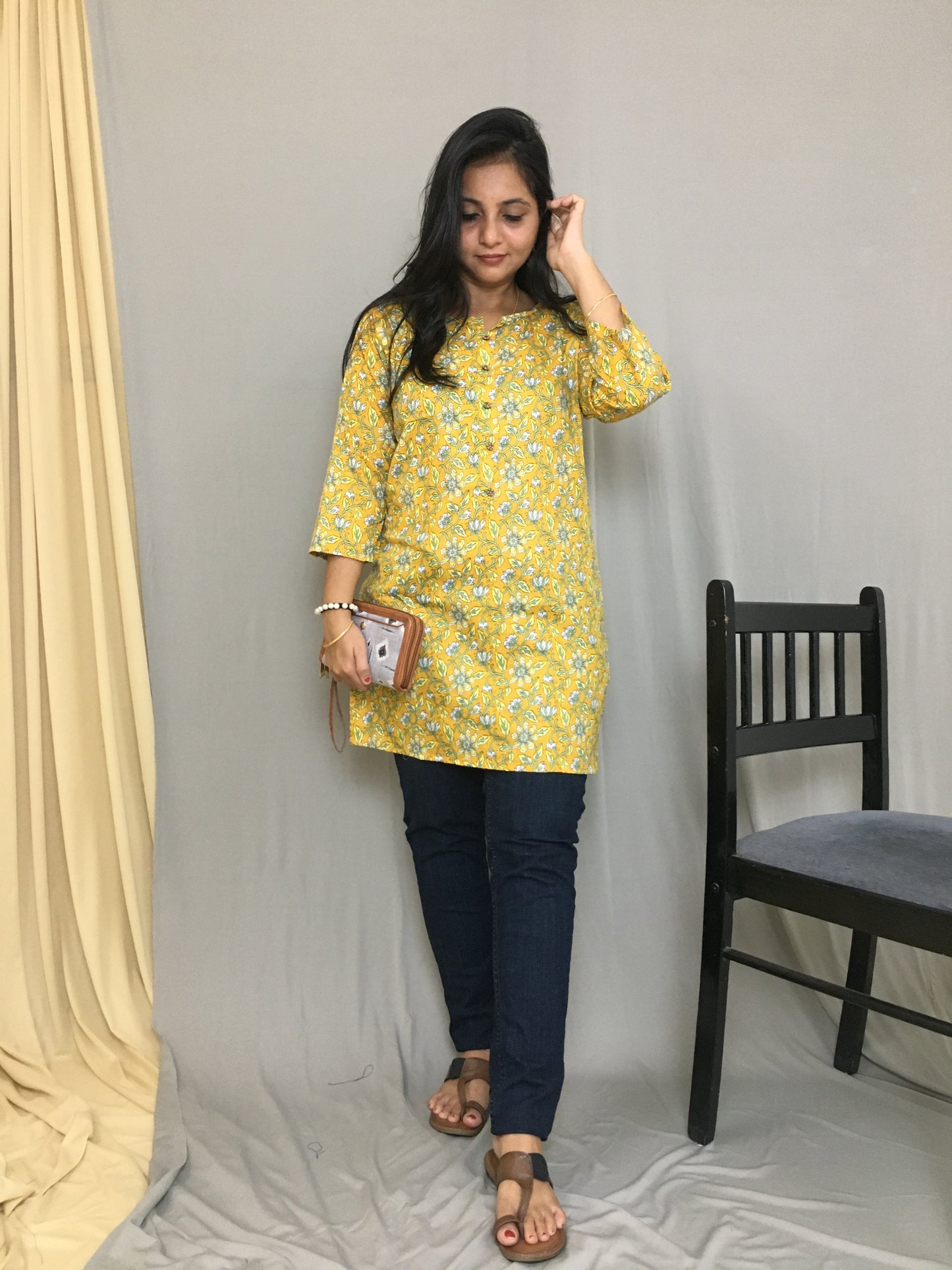 Yellow- Multi Flower Print - Pure Cotton - Short Kurti