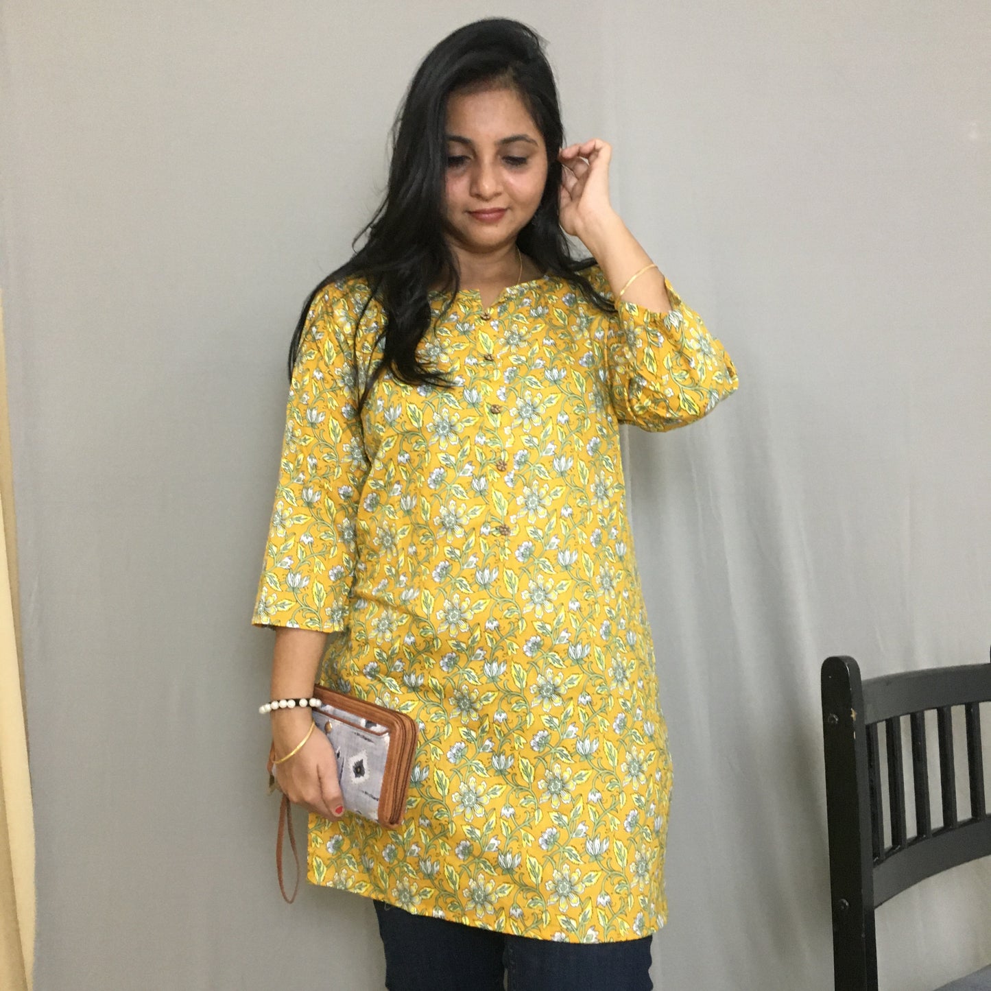 Yellow- Multi Flower Print - Pure Cotton - Short Kurti