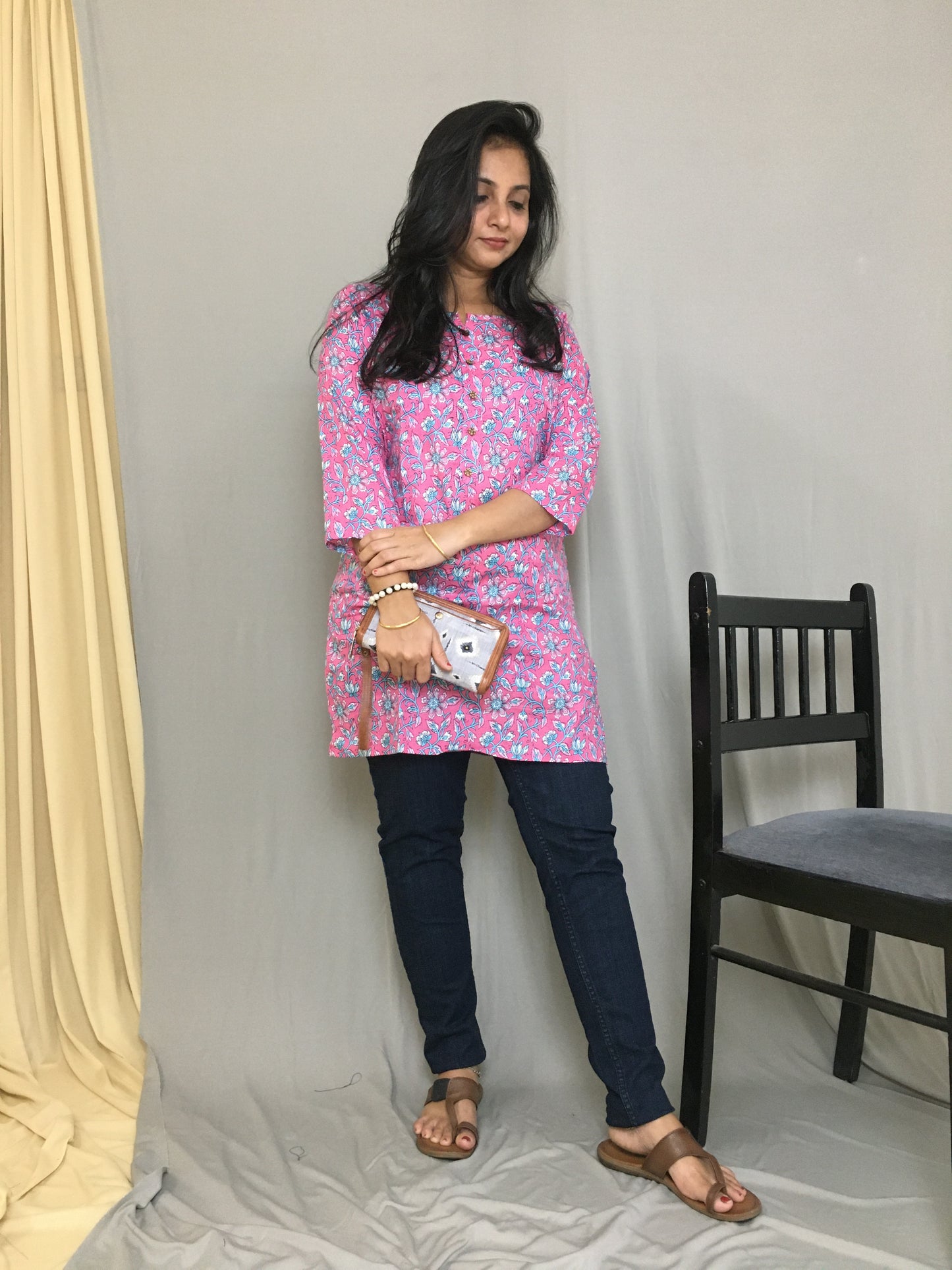 Pink - Multi Flower Print - Pure Cotton - Short Kurti