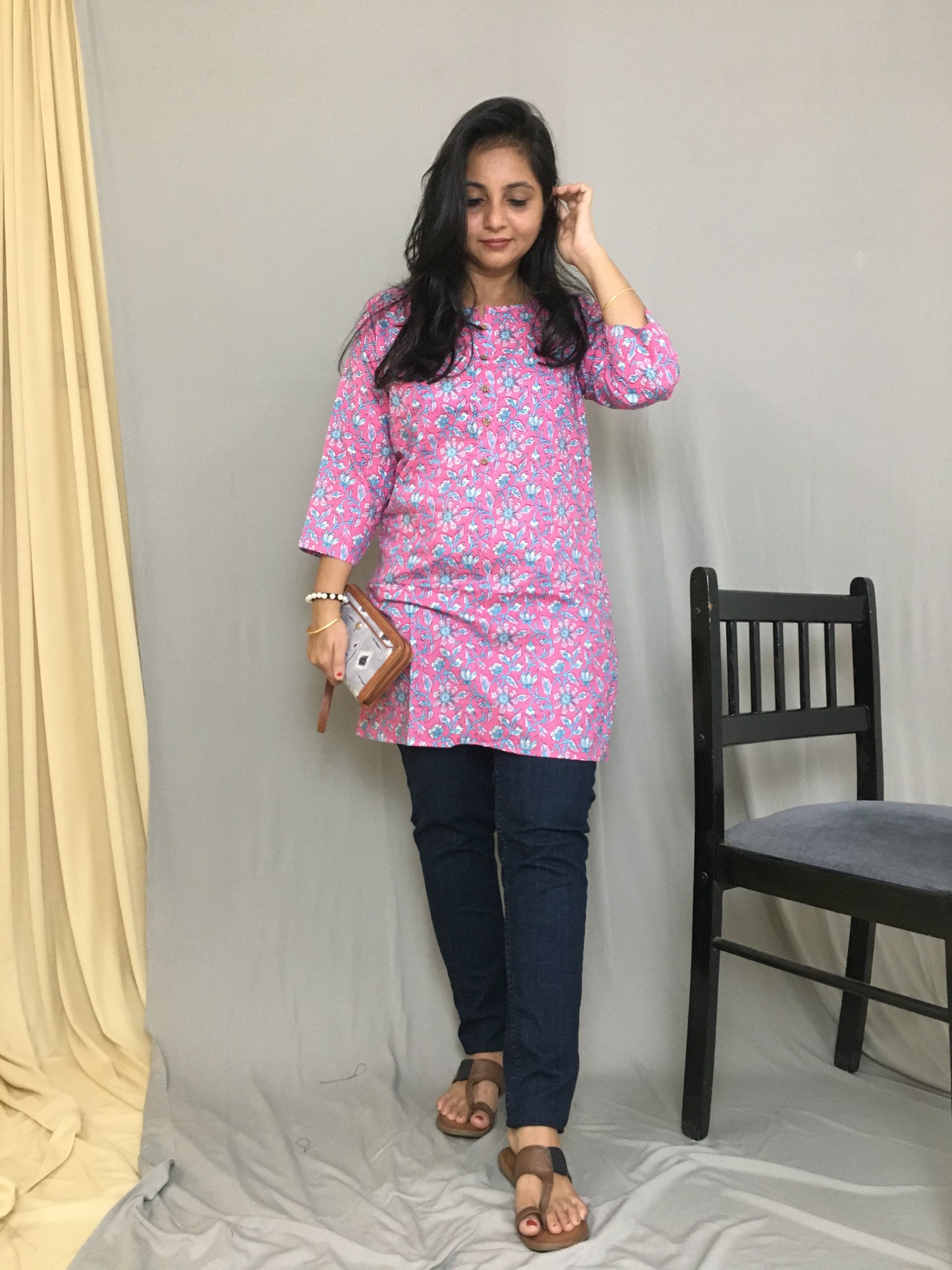 Pink - Multi Flower Print - Pure Cotton - Short Kurti
