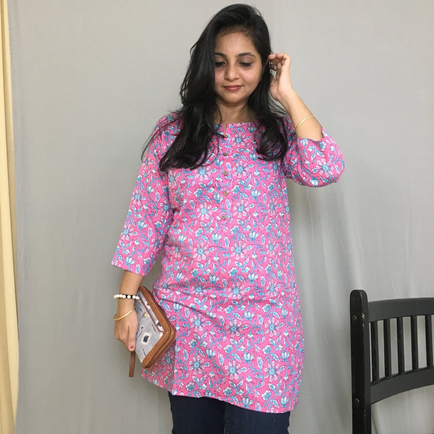 Pink - Multi Flower Print - Pure Cotton - Short Kurti
