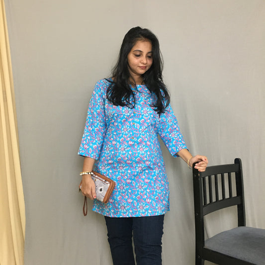 Firozi - Multi Flower Print - Pure Cotton - Short Kurti
