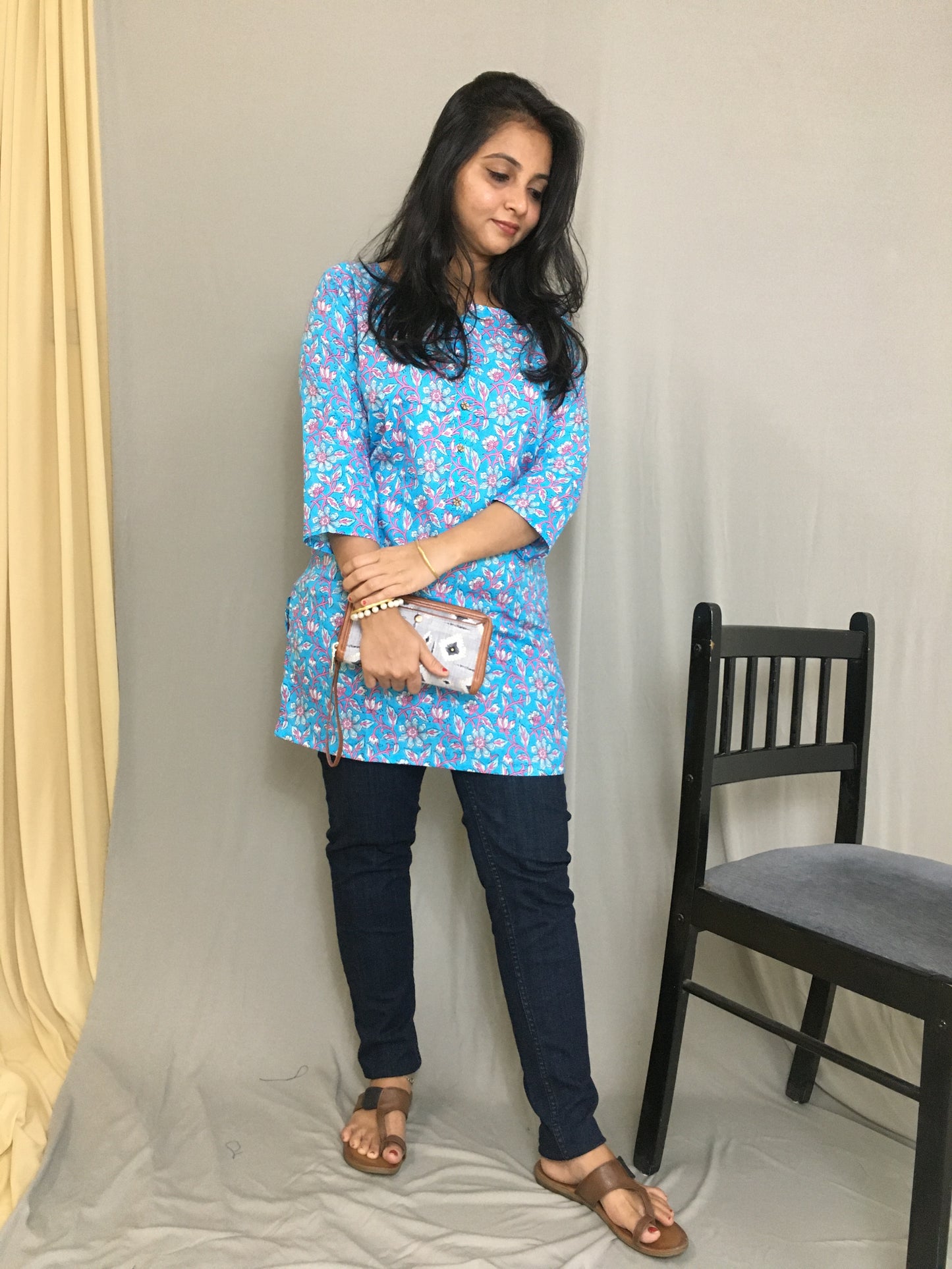 Firozi - Multi Flower Print - Pure Cotton - Short Kurti