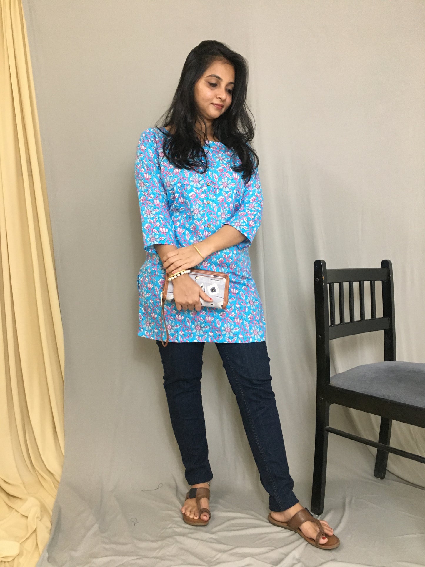Firozi - Multi Flower Print - Pure Cotton - Short Kurti