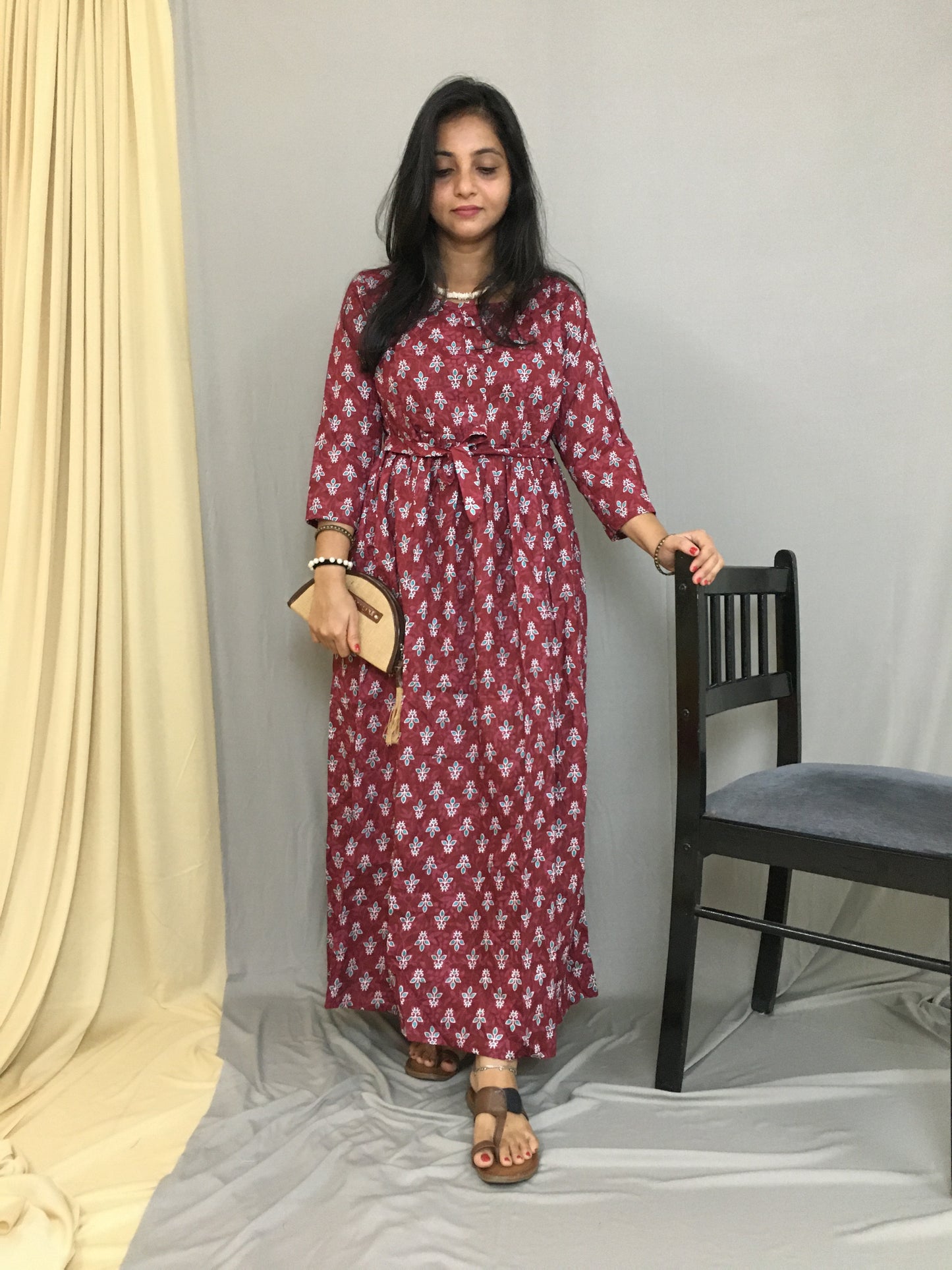 Maroon Blue Flower - Maternity Kurti with Feeding Zips