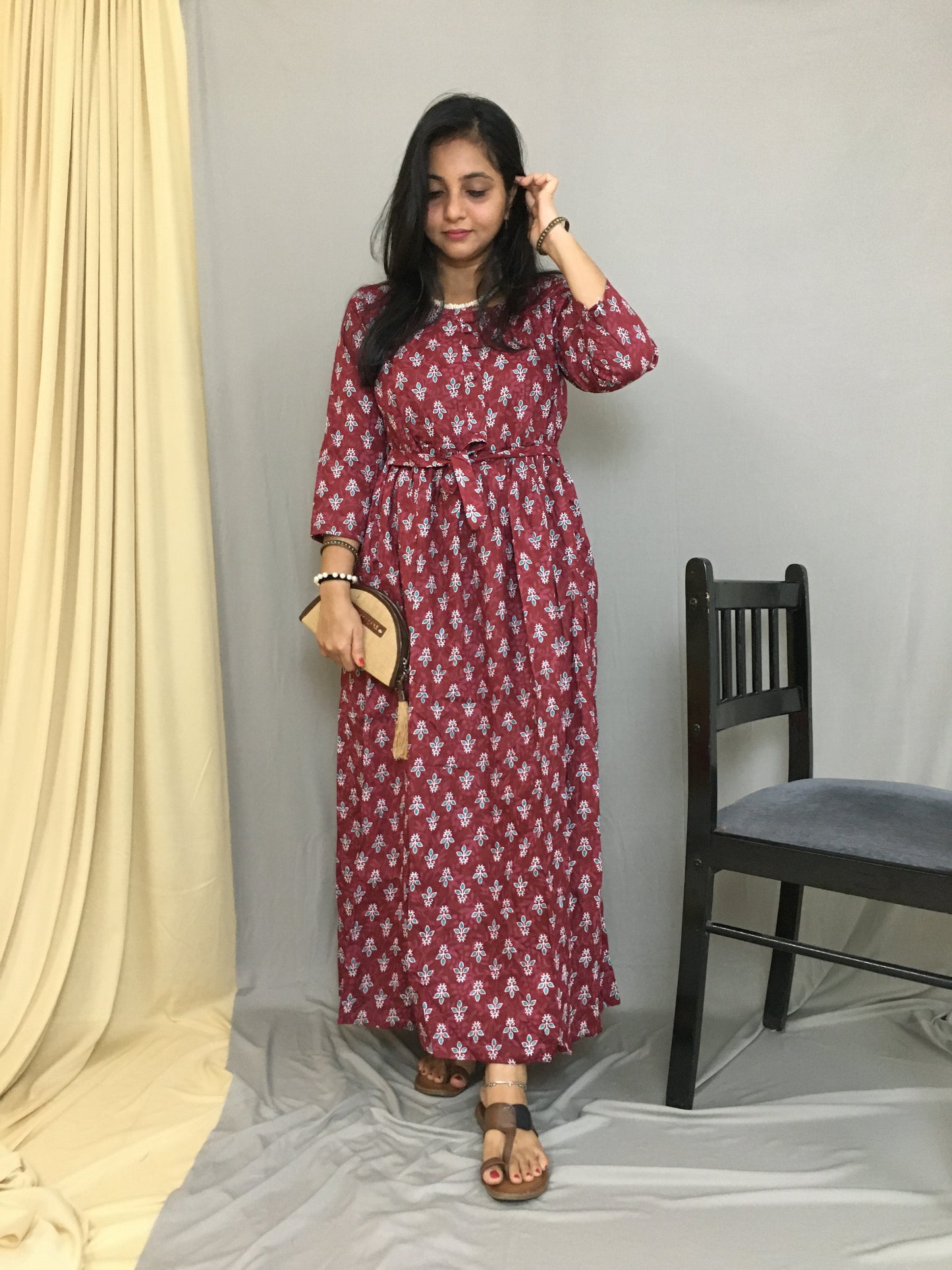 Maroon Blue Flower - Maternity Kurti with Feeding Zips