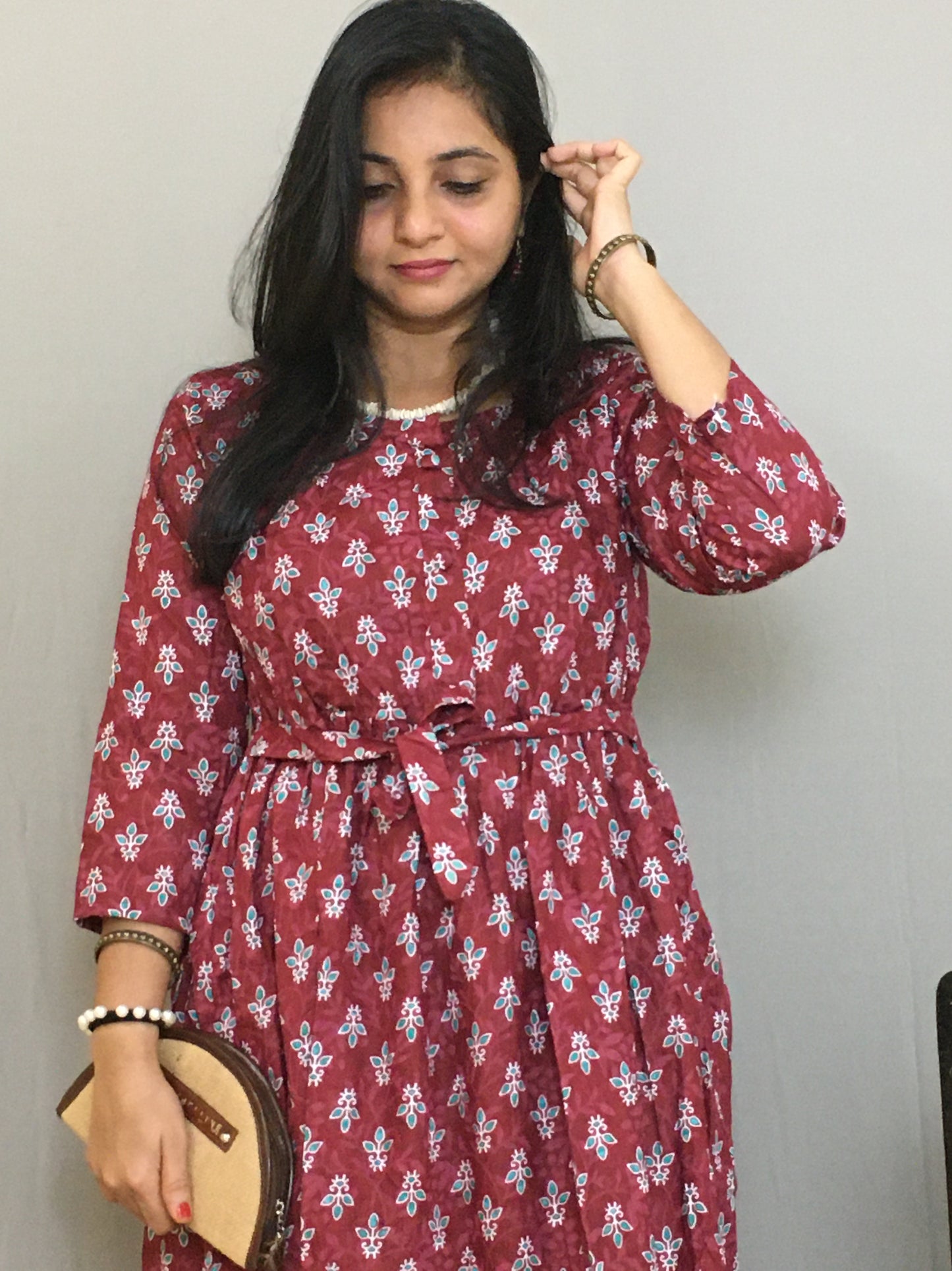 Maroon Blue Flower - Maternity Kurti with Feeding Zips