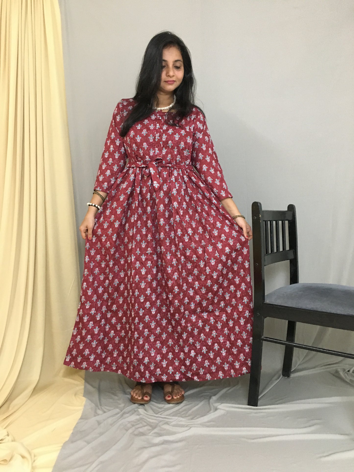 Maroon Blue Flower - Maternity Kurti with Feeding Zips