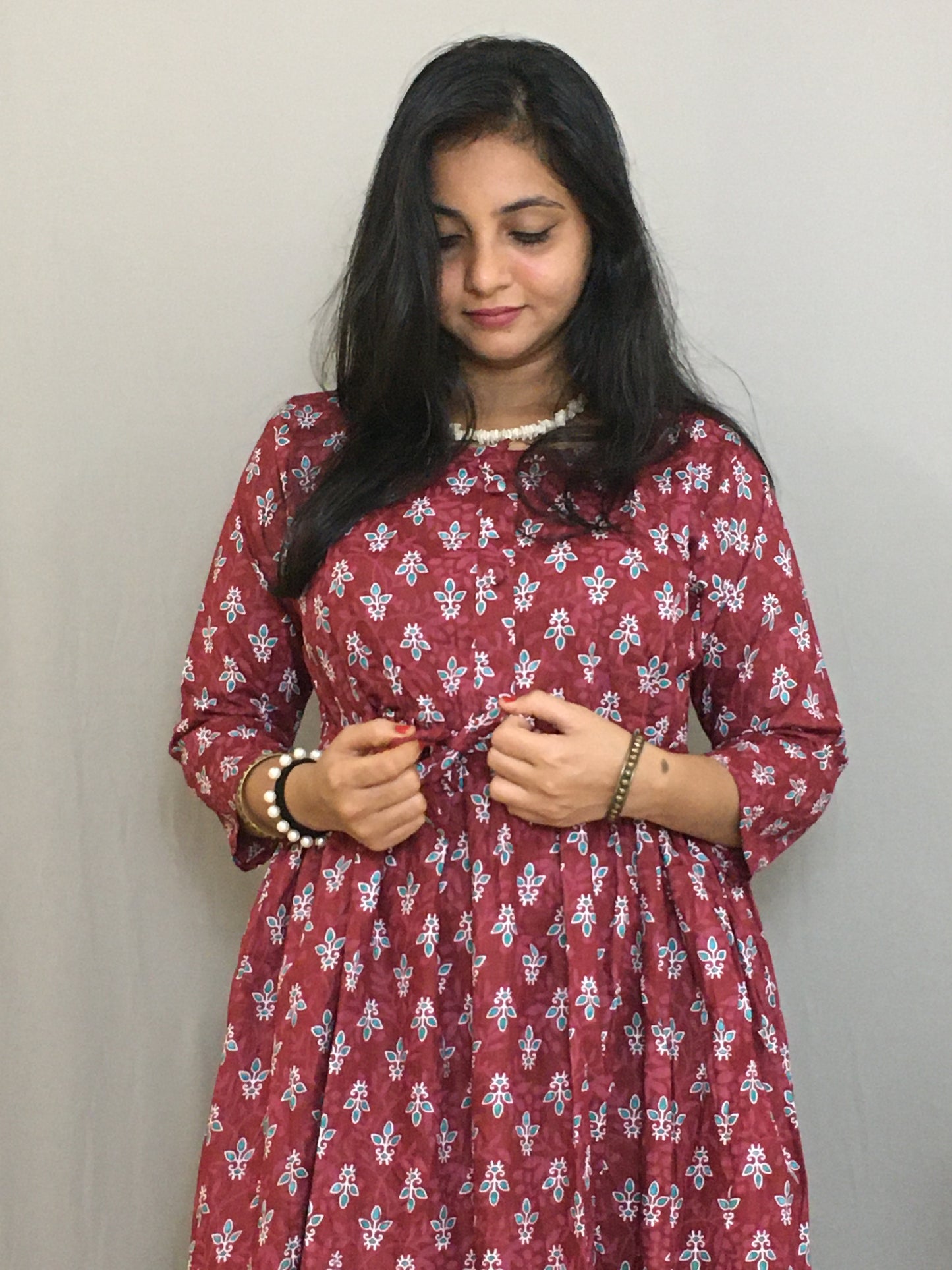 Maroon Blue Flower - Maternity Kurti with Feeding Zips