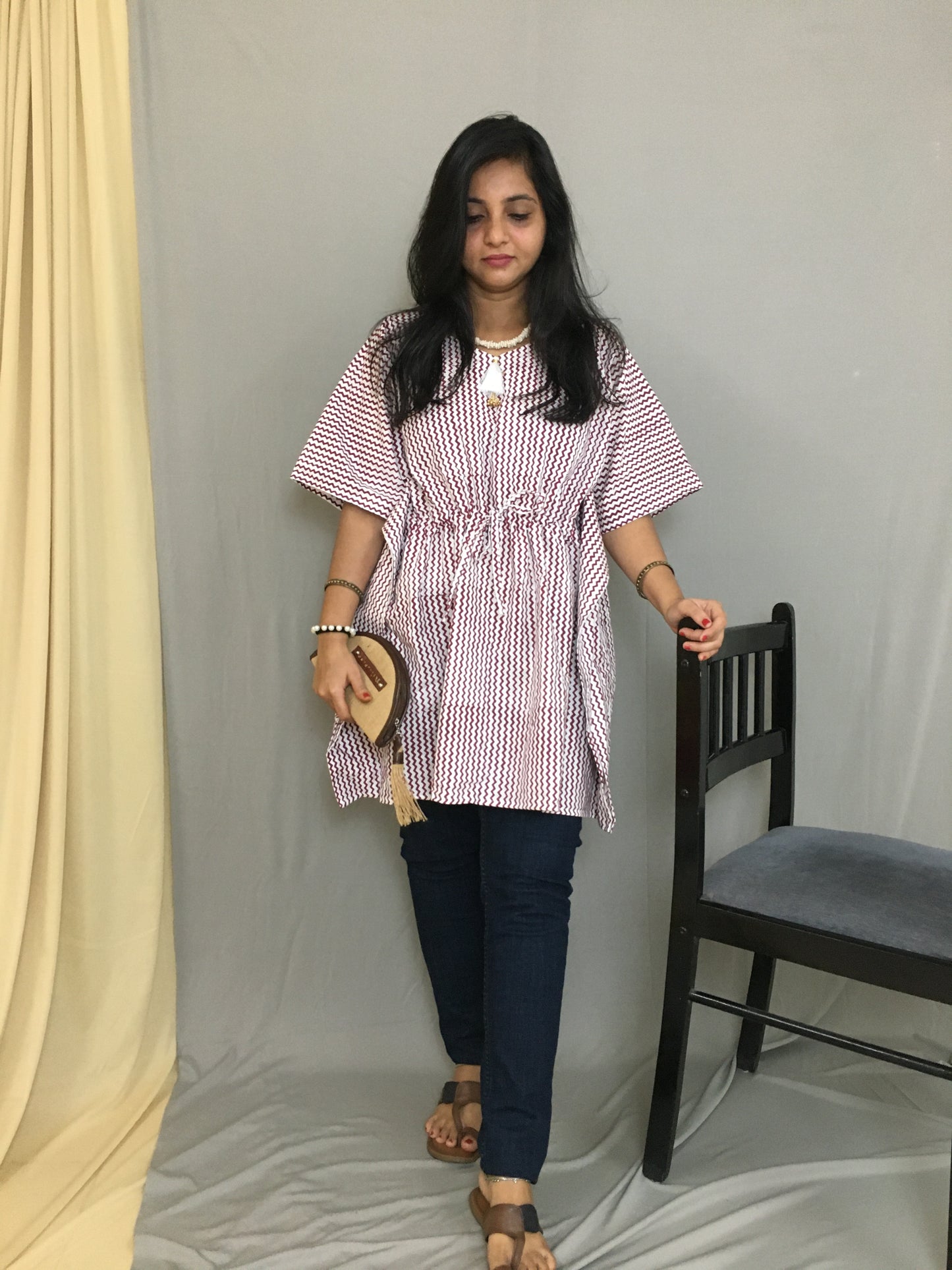 Short Kaftan - Brown Stripes - Pure Cotton - Trendy Short Kaftan Tops