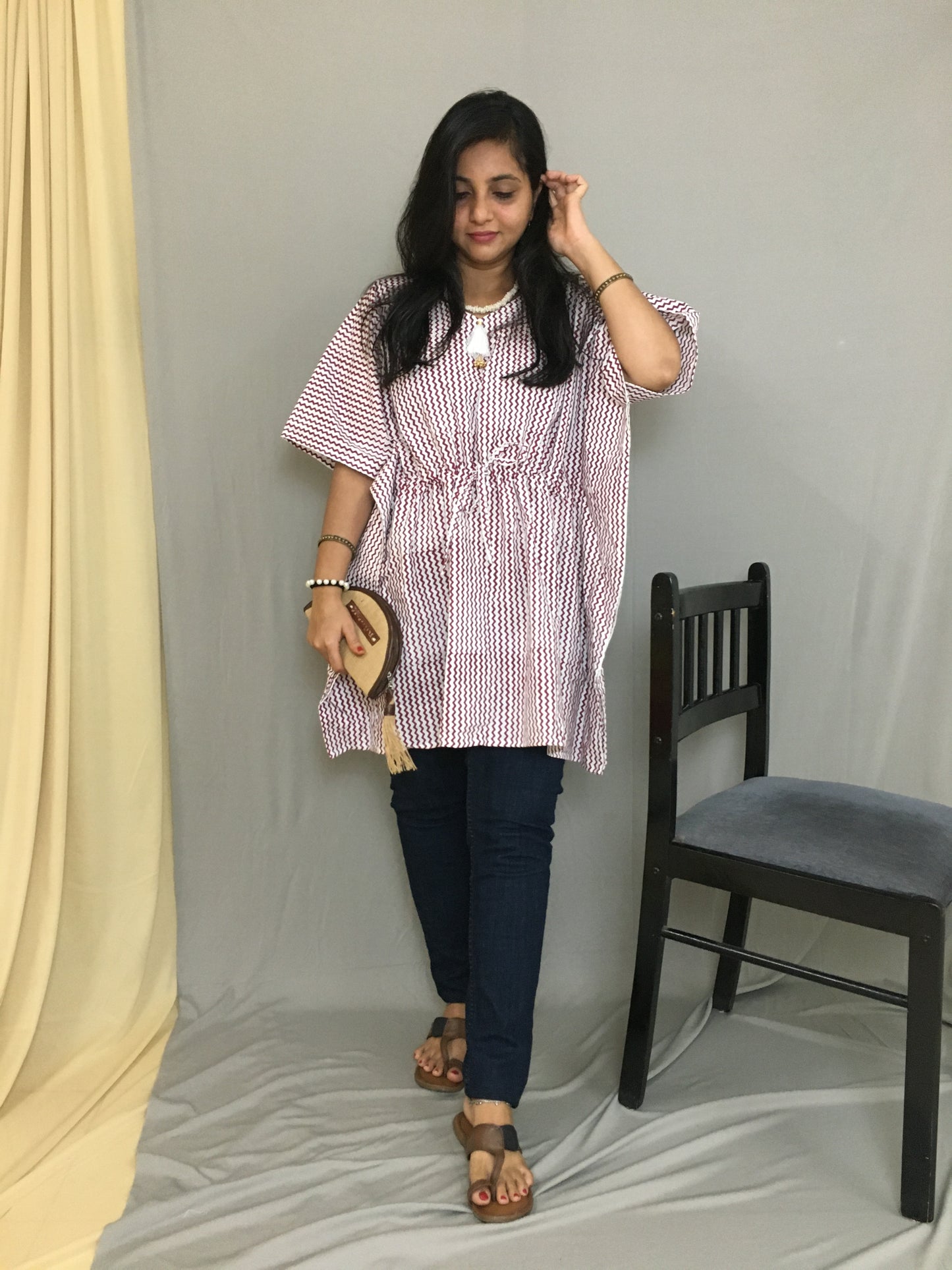 Short Kaftan - Brown Stripes - Pure Cotton - Trendy Short Kaftan Tops