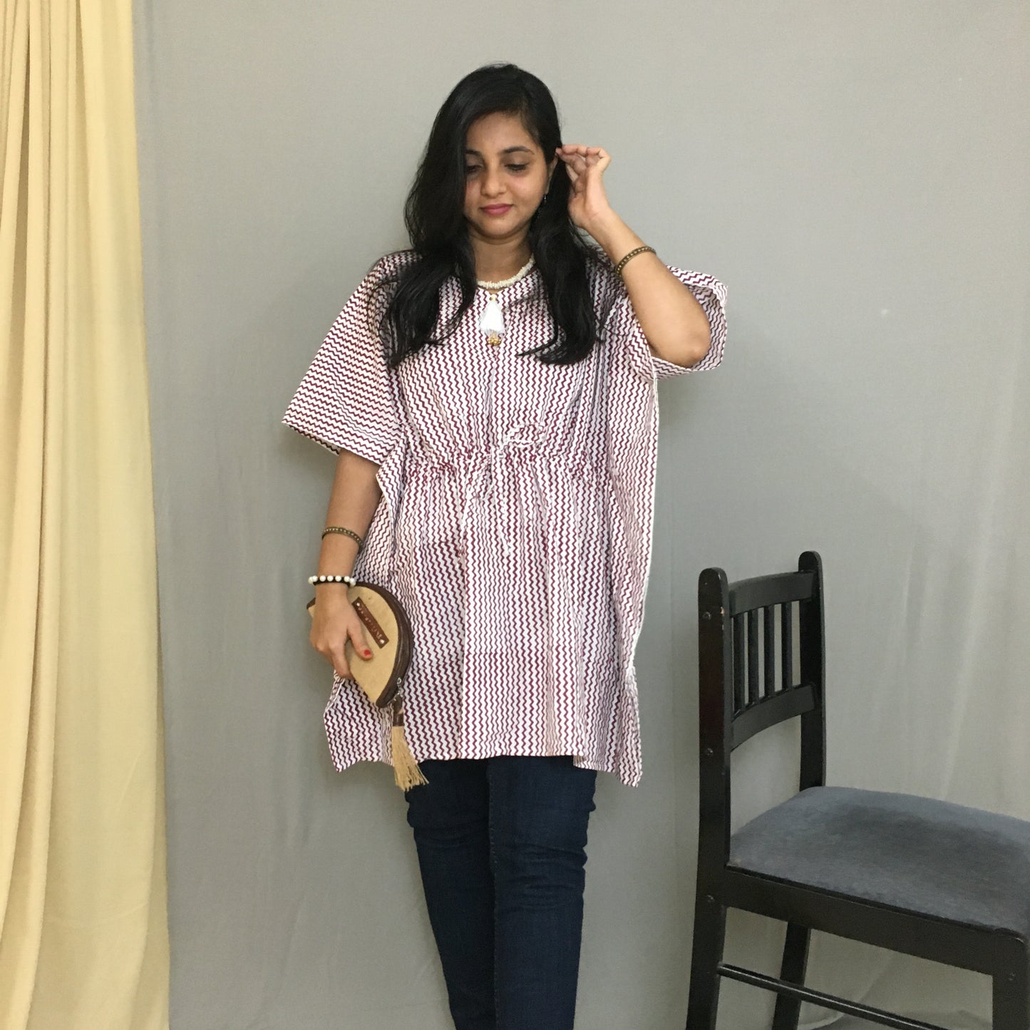 Short Kaftan - Brown Stripes - Pure Cotton - Trendy Short Kaftan Tops