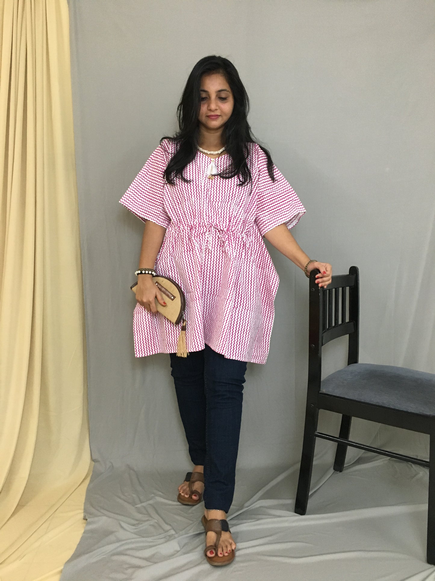 Short Kaftan - Pink Stripes - Pure Cotton - Trendy Short Kaftan Tops