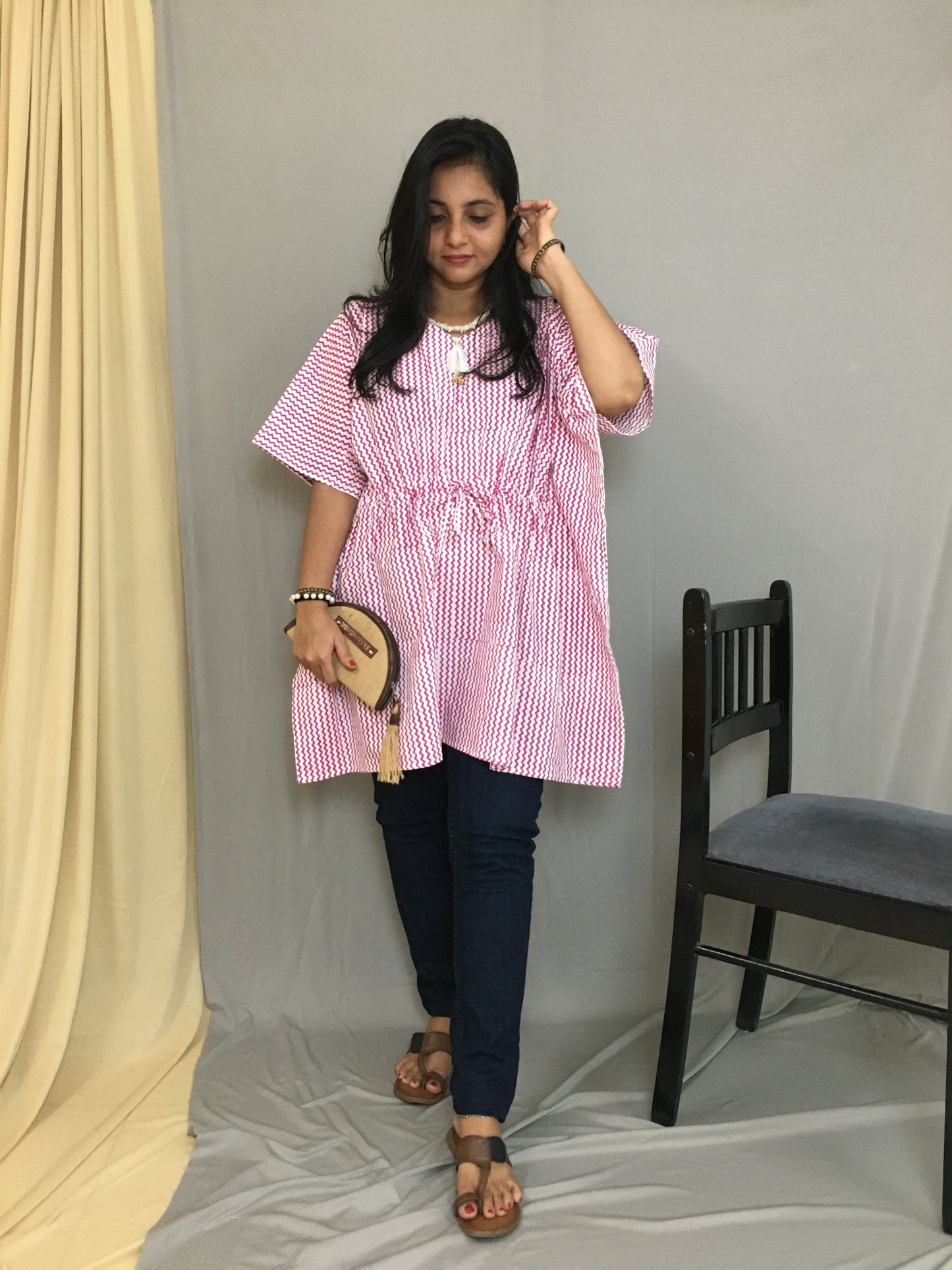 Short Kaftan - Pink Stripes - Pure Cotton - Trendy Short Kaftan Tops