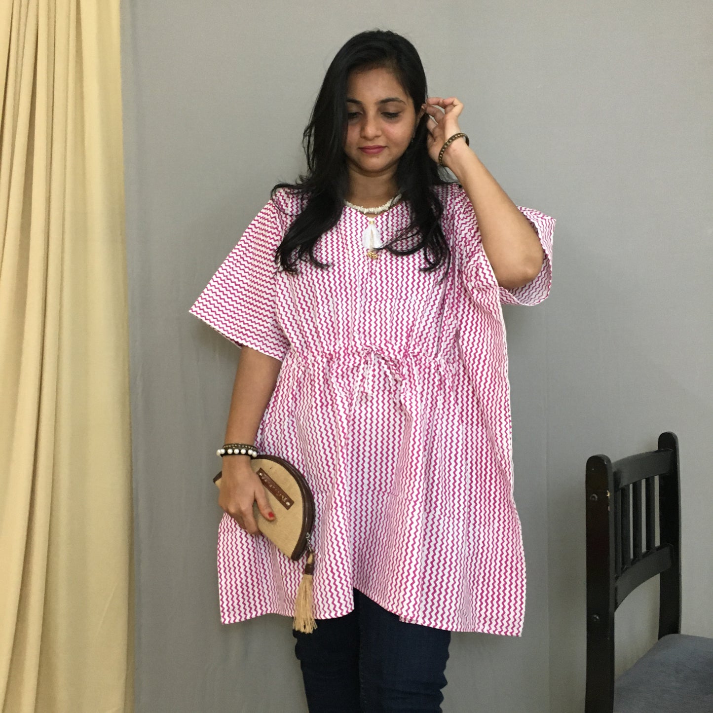 Short Kaftan - Pink Stripes - Pure Cotton - Trendy Short Kaftan Tops