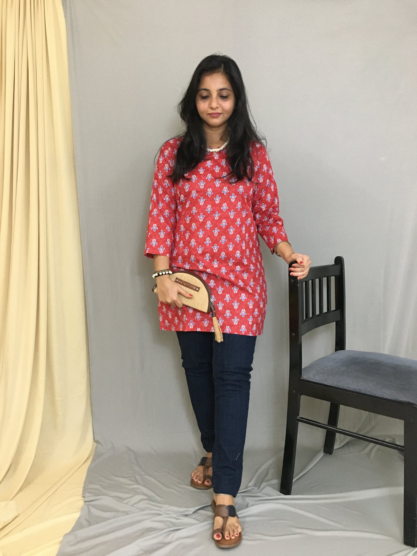 Red Flower Print Short Kurti - Pure Cotton