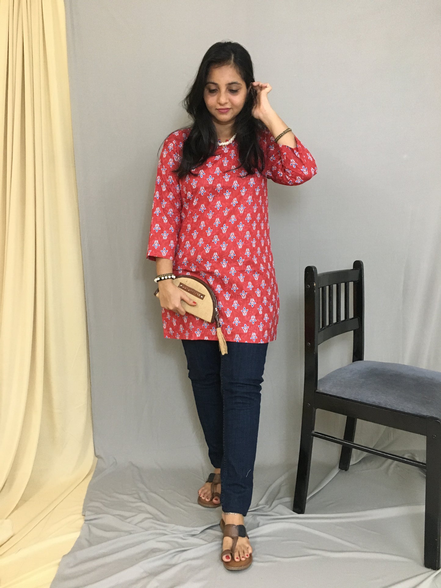 Red Flower Print Short Kurti - Pure Cotton