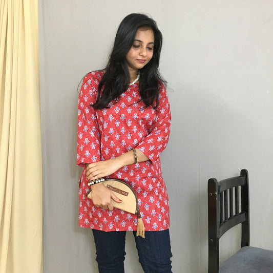 Red Blue Flower Print Short  Kurti  - Pure Cotton